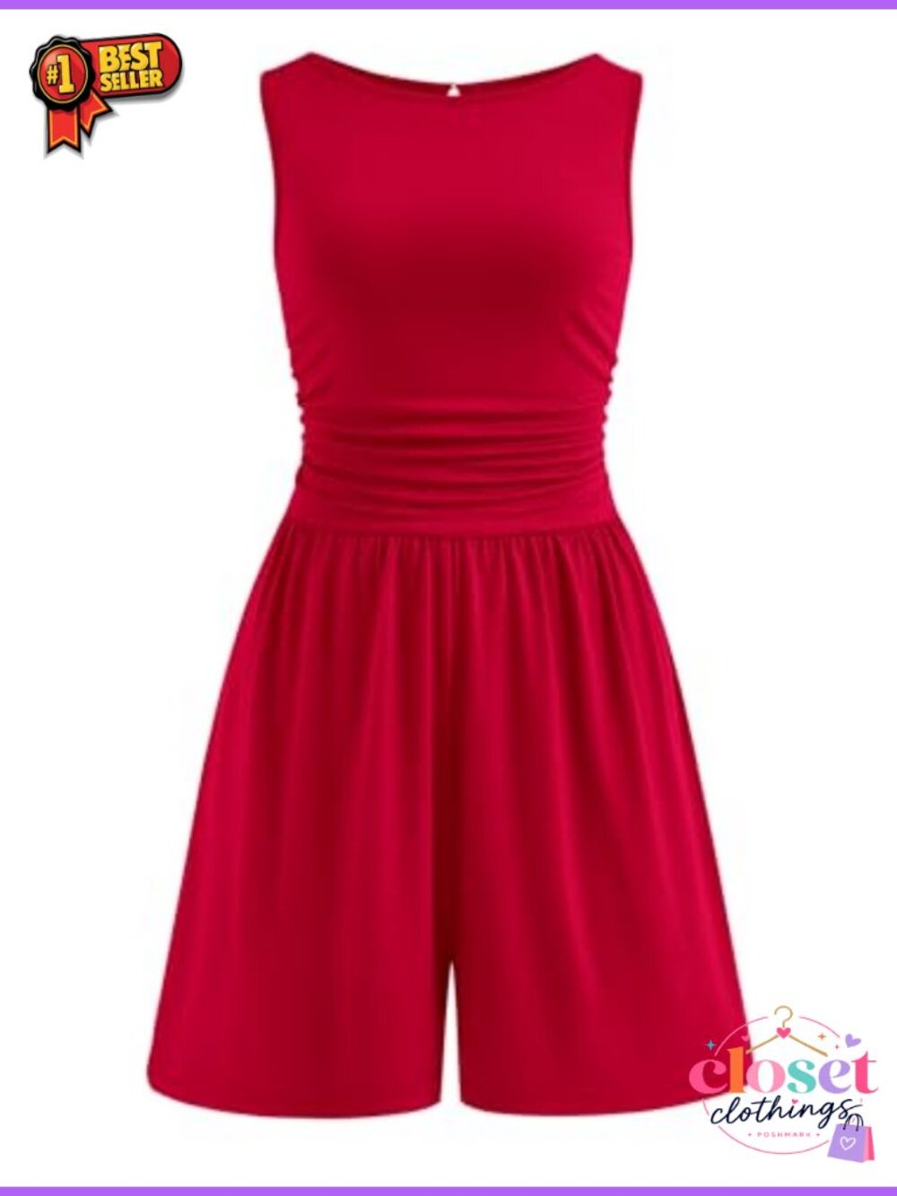 Sleeveless Ruched Short Romper with Pockets Casual Summer Jumpsuit